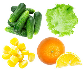 diverse selection of fresh vegetables and fruits, featuring cucumbers, lettuce, corn, orange, and lemon, for a healthy lifestyle and balanced eating