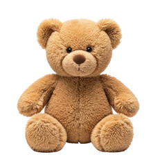 Fototapeta premium A fluffy light brown teddy bear toy with a stitched nose and round ears sitting and isolated on transparent background