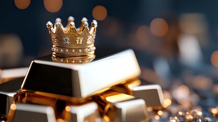 Golden crown atop silver and gold bars with blurred bokeh background, symbolizing wealth, power, and financial sovereignty in luxury investment markets.