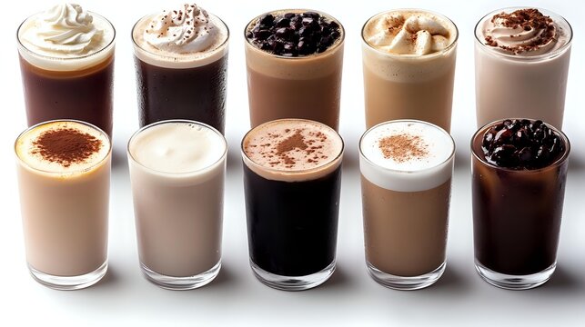 Assortment of iced and hot coffee drinks in tall glasses, featuring various colors from dark espresso to creamy lattes, topped with whipped cream and garnishes.