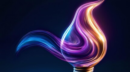Vibrant abstract light waves in blue, purple, and orange colors swirling in flame-like formation against dark background, creating dynamic energy flow.