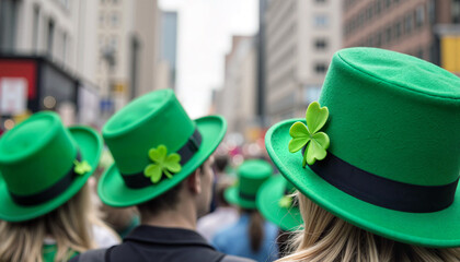 Green hats with shamrocks worn by crowd during Saint Patrick's Day parade  