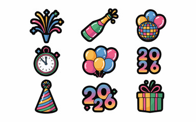 Celebrate the New Year 2026 with Festive Party Elements like Balloons, Champagne, Fireworks, Gifts, and a Disco Ball for a fun holiday season