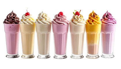Row of colorful milkshakes topped with whipped cream and cherries