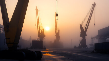 Silhouetted industrial cranes rise through the early morning mist. The cranes stand as sentinels in the foggy port, the sun emerging behind them in a hazy glow.