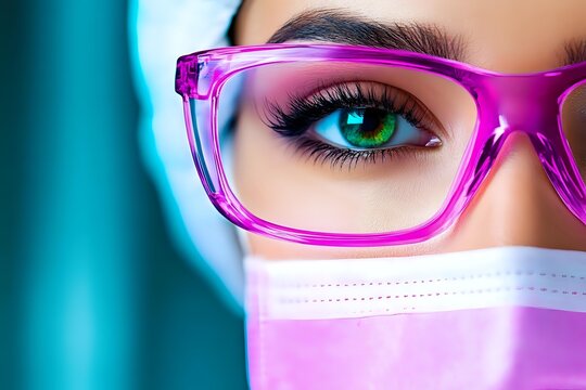 Close up view of bright green eye with long eyelashes behind pink transparent glasses frame, wearing protective medical face mask against turquoise background.