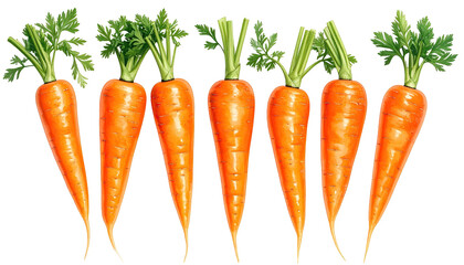 Six vibrant orange carrots aligned, topped with leafy greens