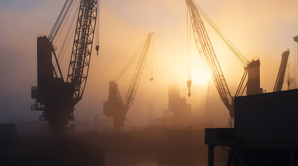 Silhouetted cranes rise through thick fog, their metallic structures fading into the diffused sunlight. The scene evokes a sense of industrial mystery. #fog #cranes