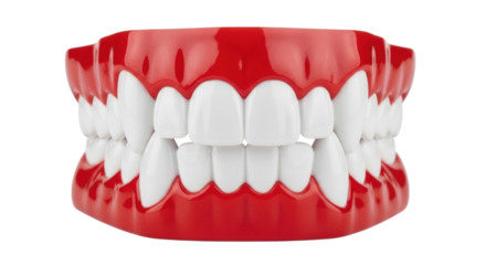 Realistic 3d rendering of a full set of white human teeth with bright red gums isolated on transparent background