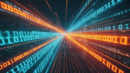 Dynamic streams of orange, blue binary code racing digital city skyline, fast data transfer, futuristic internet communication, virtual reality and technological innovation in global network systems - Powered by Adobe