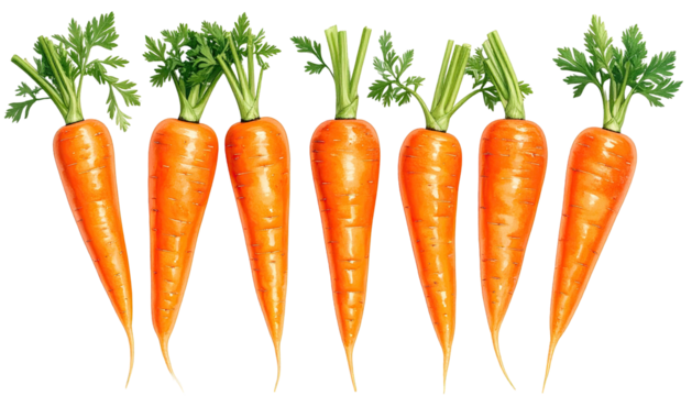 Six vibrant orange carrots aligned, topped with leafy greens