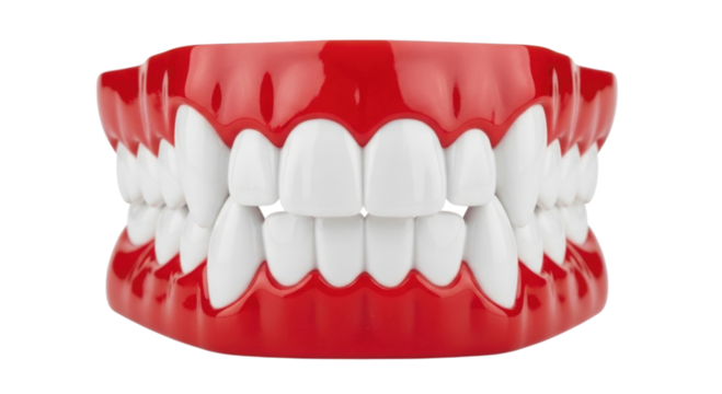 Realistic 3d rendering of a full set of white human teeth with bright red gums isolated on transparent background