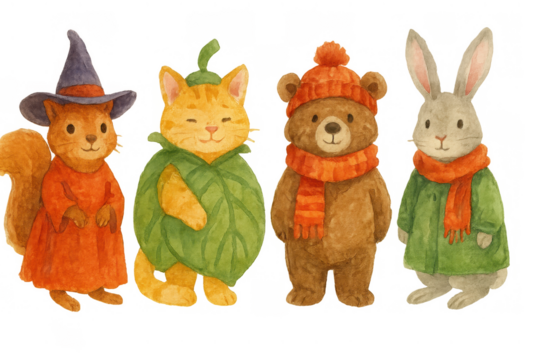 Woodland animals dressed in autumn attire, watercolor characters for fall season and halloween, transparent background