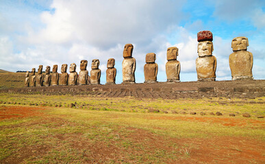 Iconic massive 15 Moai statues of Ahu Tongariki, the largest ceremonial platform on Easter Island, Chile, South America