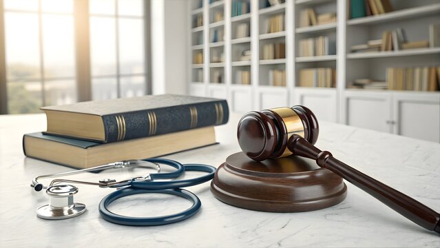 Books with stethoscope and gavel. Medical law and healthcare ethics concept.