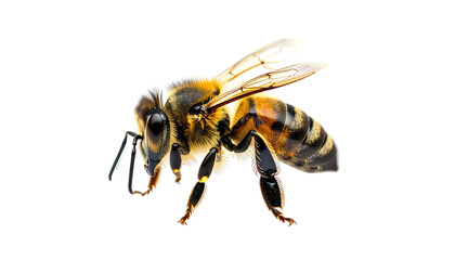 Honeybee with striped abdomen, wings outstretched, isolated