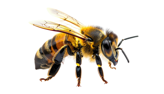 Detailed close-up of a honeybee with transparent wings
