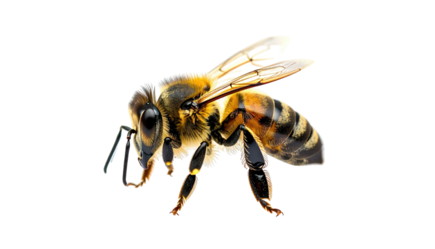 Honeybee with striped abdomen, wings outstretched, isolated