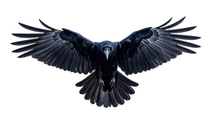 Raven soars, wings spread wide against a black background