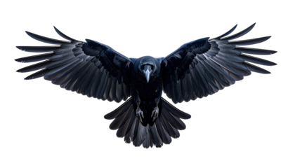Raven soars, wings spread wide against a black background