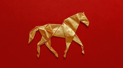 A golden origami horse elegantly folded on a rich red silk background. Lunar New Year campaigns, 2026 holiday posters, zodiac branding materials, festive packaging design, decorative art prints