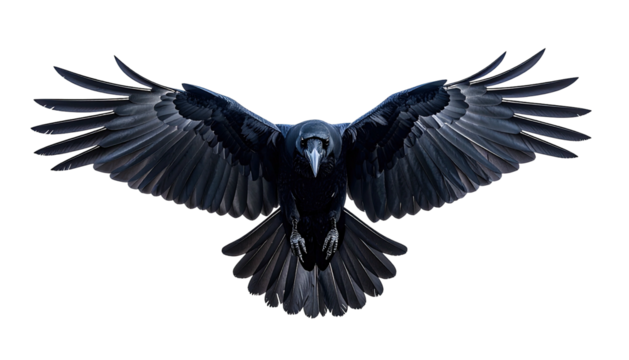 Raven soars, wings spread wide against a black background