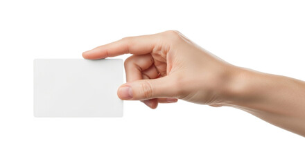 Obraz premium Human hand holding a blank white square card or small paper isolated on transparent background