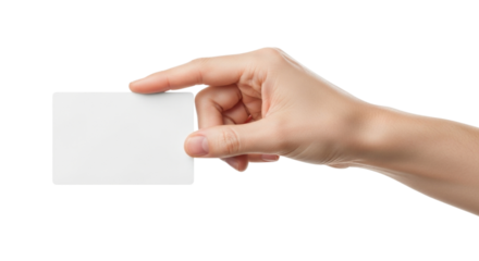 Human hand holding a blank white square card or small paper isolated on transparent background