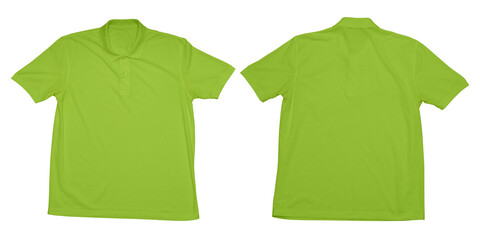 Front and back view of plain lime green polo shirt on white background for apparel mockup and...