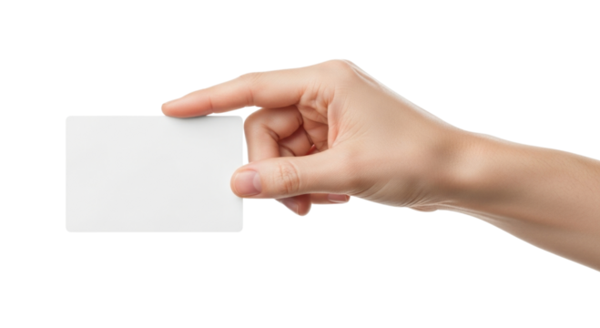 Human hand holding a blank white square card or small paper isolated on transparent background