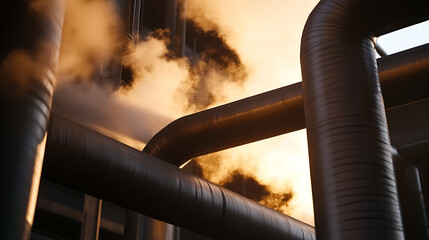 Industrial twilight: Pipes silhouetted against a smoky sky create a dramatic, abstract composition. The interplay of light and shadow emphasizes the geometry.