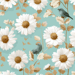 Mint Oriental Bird and Daisy Blossom Pattern on Light Blue Background