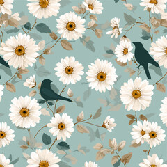 Mint Oriental Bird and Daisy Blossom Pattern on Light Blue Background