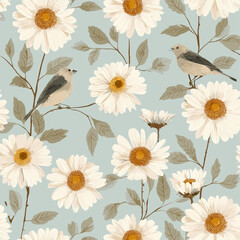 Mint Oriental Bird and Daisy Blossom Pattern on Light Blue Background