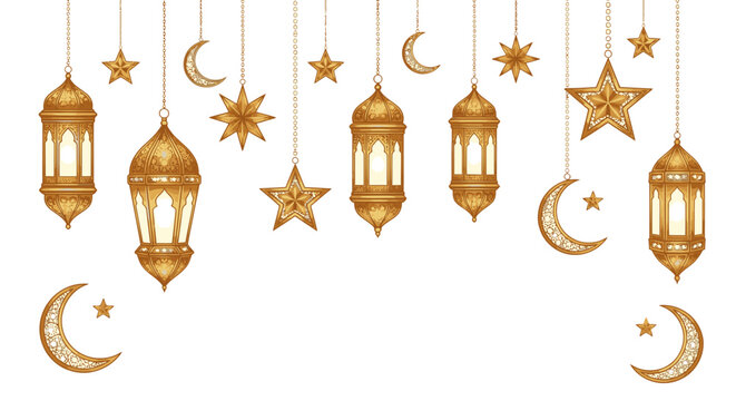 Ramadan decorations: golden lanterns, stars, and crescent moons hanging against a white background.
