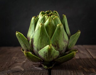 Close-up of a fresh artichoke on rustic wooden surface against dark backdrop