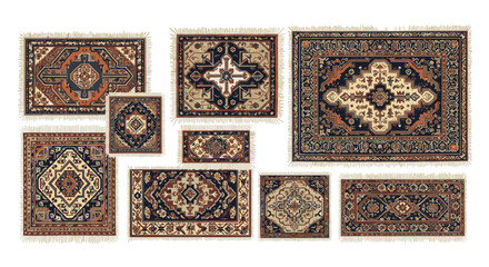 Collection of oriental rugs with intricate patterns and fringe.