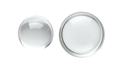 Two white glass-like buttons, one circular, one dome-shaped