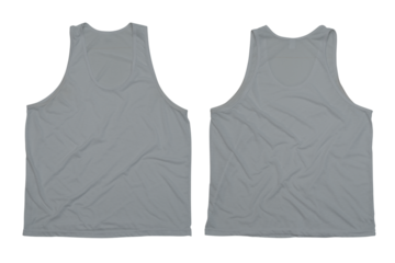Front and back view of plain gray tank top on white background for clothing mockup and design template