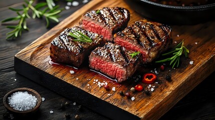 Juicy grilled beef steaks with rosemary and spices on wooden cutting board, medium rare with pink center.