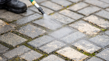 Outdoor surface cleaning with a pressure washer, removing dirt and moss from cobblestone pavers with high-pressure water for maintenance and restoration purposes.