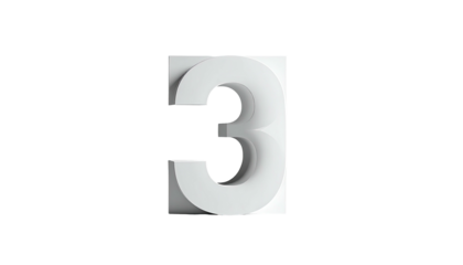 Number three, white, blocky, casts a shadow