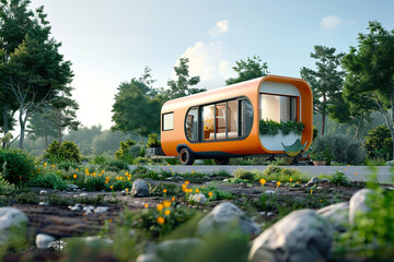 Holiday trip on large family motorhome for holiday in beautiful natural nature, abstract vivid composition consists of fictional unreal fantastic vision on background