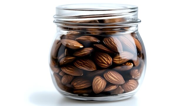 Raw almonds stored in glass jar on white background, healthy snack rich in protein and nutrients for vegan diet and natural eating. - Powered by Adobe