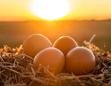 Close-up of four brown eggs in a nest, with a sunset