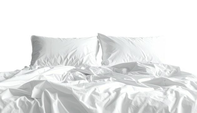 Wrinkled white bedding with two pillows