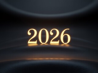 Golden illuminated numerals of the year 2026 glowing brightly in a dark moody and futuristic abstract background with subtle reflections