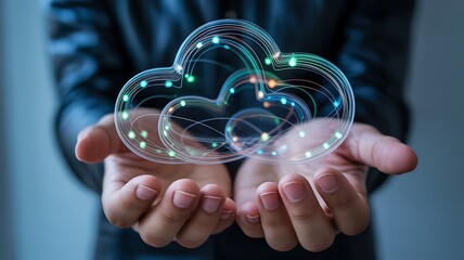Hands gently cradle a luminous cloud shaped bubble formation adorned with glowing digital circuits symbolizing technology and innovation