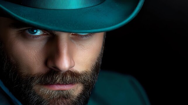 Close-up portrait of bearded man with intense blue eyes wearing teal hat against dark background, creating mysterious dramatic atmosphere.