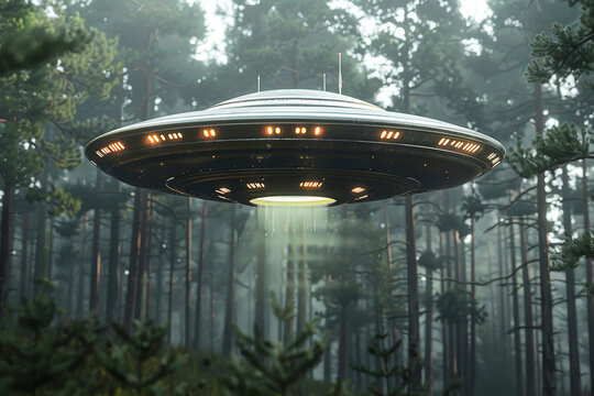 Oval UFO saucer hovering over beautiful landscape in deep dramatic sky